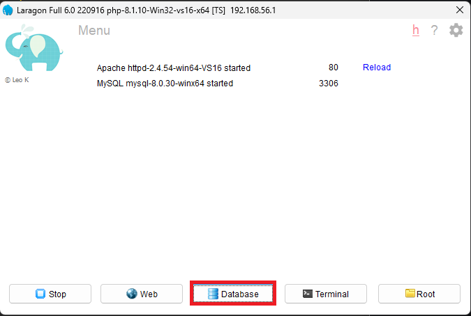 Click the Database button in Laragon