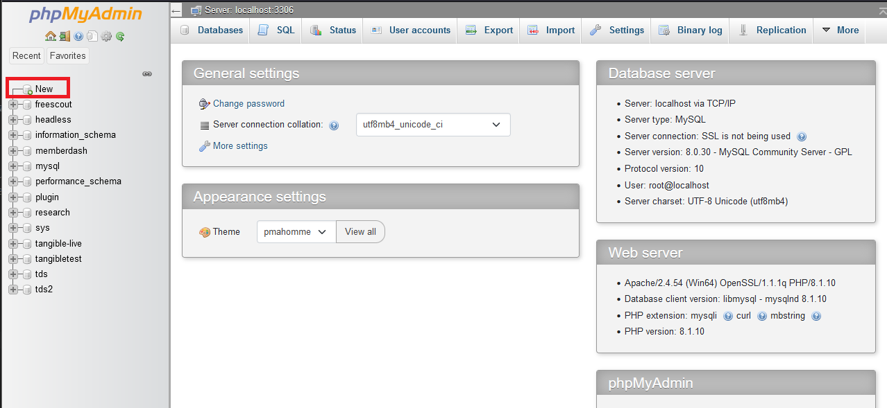 Create a new database in PMA